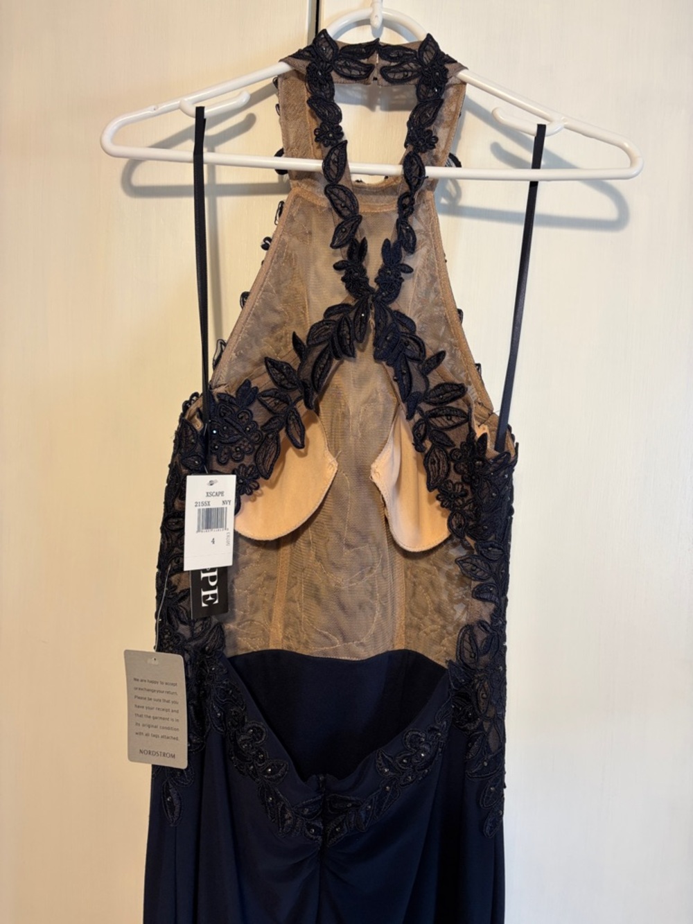 XSCAPE navy halter open back full length lace appliqué beaded prom evening gown - Picture 4 of 17